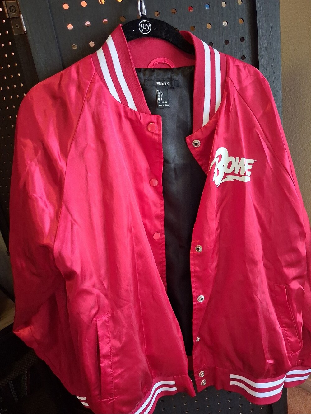 DAVID BOWIE x Forever 21 Red Satin Varsity Jacket with White 'Bowie' Logo